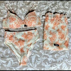 Triangl ruched coral white floral high waisted bikini set XS